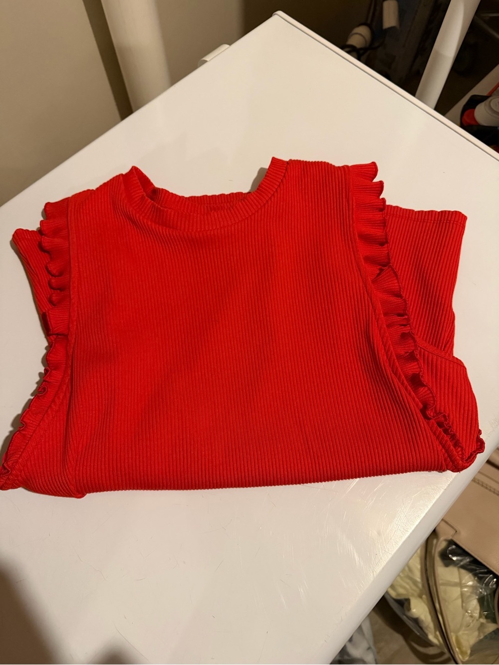 Nine West Red Ribbed Ruffle Sleeve Tank - Picture 4 of 4